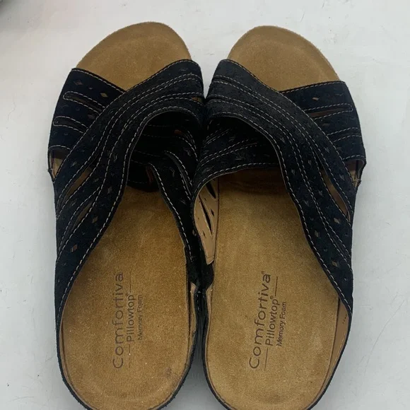 Comfortiva Black Suede slip on cut out sandals with memory foam footbed Size 9.5 - Picture 4 of 9